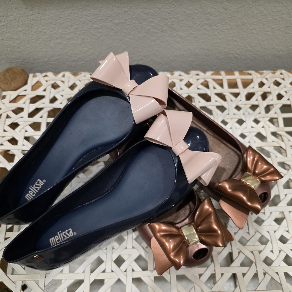Melissa Women's Dark Blue with Light Pink Bow And Brown Flats